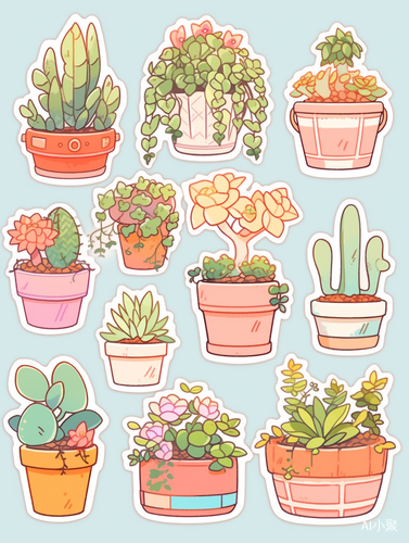 collage, die-cut sticker of some pot plants stickers, sticker outline, in the style of ，gongbi, dollcore, academia, cute and colorful, detailed costumes, high quality ar 3:4 s 250 niji 5