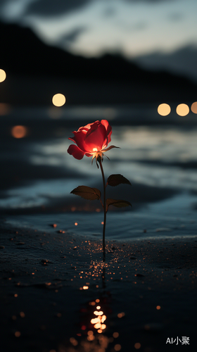 A rose flower is planted on the beach at night, the beach is black, perspective view. ar 9:16