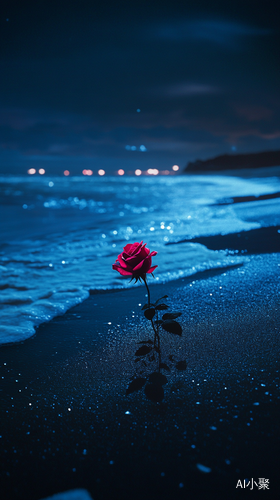 A rose flower is planted on the beach at night, the beach is black, perspective view. ar 9:16