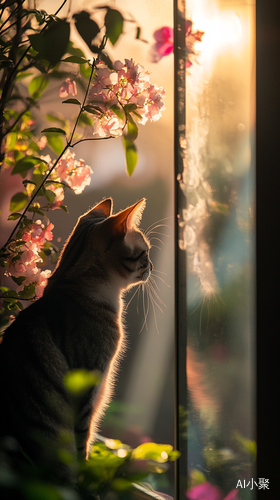 花窗猫影，透过精致的花窗映射出温暖的阳光，柔和的光线勾勒出猫咪慵懒的身影。周围环境静谧而宜人，花香四溢，时光仿佛在这一刻静止，带来无限美好的宁静感。