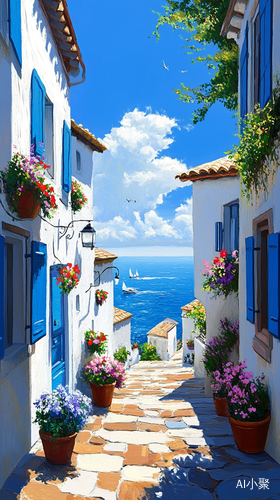 white buildings with blue shutters, flowers in pots on the street and sea view, blue sky, bright sunny day, acrylic painting style, thick brush strokes, by Michael Whelan, art station trend niji 5