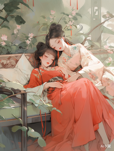 帮我生成一张图片：二次元插画，钢笔彩绘，（两个汉服女孩，一个穿着古代浅红颜色中国服装，躺在软榻上，一个穿着嫩绿色中国服装，半跪着，参加聚会，谈笑风生，灵感来自邱英，美丽的人物画，古代中国艺术风格，传统美，灵感来自兰英，具有古代中国美学。