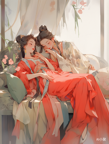 帮我生成一张图片：二次元插画，钢笔彩绘，（两个汉服女孩，一个穿着古代浅红颜色中国服装，躺在软榻上，一个穿着嫩绿色中国服装，半跪着，参加聚会，谈笑风生，灵感来自邱英，美丽的人物画，古代中国艺术风格，传统美，灵感来自兰英，具有古代中国美学。