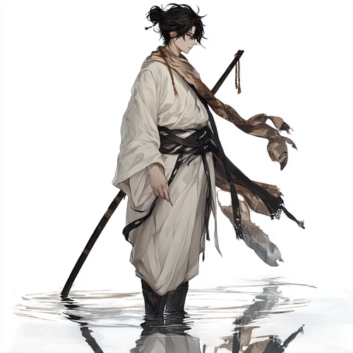 polearm,double bun,reflection,scarf,hair bun,solo,1boy,chinese text,white background,weapon,spear,male focus,boots,black hair,crossed arms，全身高清