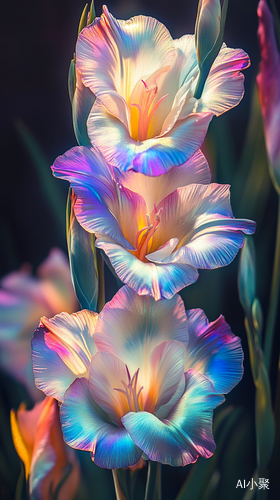 Beautiful, iridescent, rainbow-colored gladiolus flowers, hyper-realistic photography niji 6