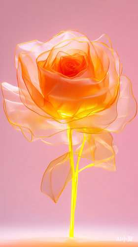 A large rose made of translucent tulle fabric, with an orange gradient and fluorescent lighting effects. The background is pink. It was photographed from the front in a high-definition photography style. A soft glow shines on it. This rose has yellow wires wrapped around its petals, creating a three-dimensional effect. In front of it stands a solid white floor.