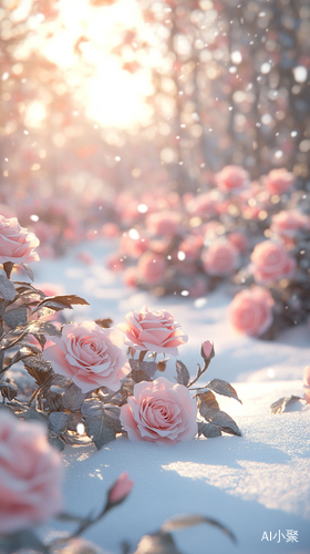 A picture of 1,000 roses after the snow... In the snow of the winter forest, 1,000 pale pink and milky roses are covered with snow and snow water. From near to far, the background is a bustling city, with beautiful high definition, bright and 3D rendering. This is a very realistic photo, it shows a high definition image taken with the best cameras. s 50 v 6.0极速 ar 9:16