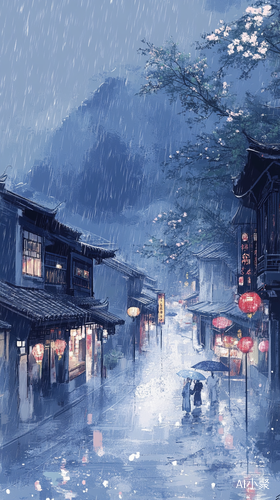 朦胧夜色下的小雨静谧祥和