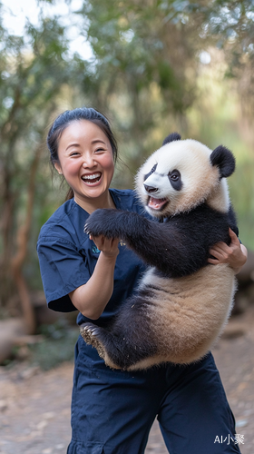 Asian Woman in Scrubs Joyfully Playing with Panda in Nature