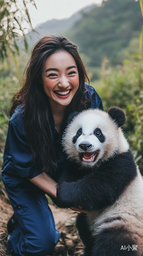 Asian Woman in Scrubs Joyfully Playing with Panda in Nature