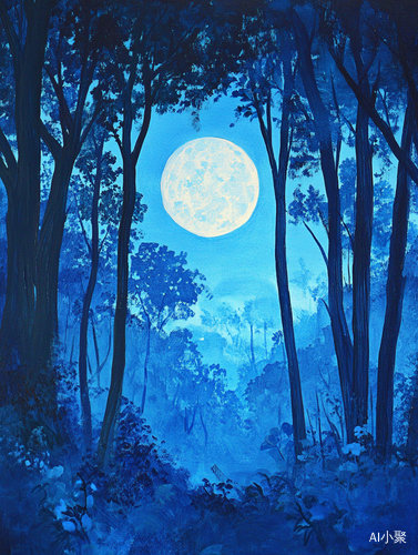 deep blue forest at night in the naive art style of Stepan Zavral, Lilo Fromm, Arnold Lobel and Eyvind Earle, full moon, pastel colors, painting technique uses scumbling ar 3:4 stylize 750 v 6.1