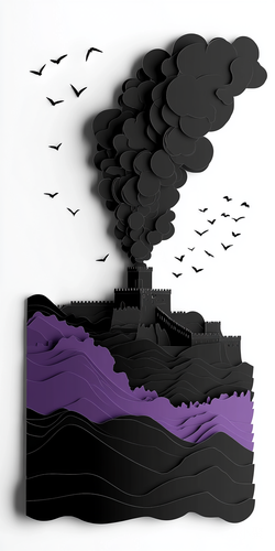 imagine prompt: The beacon smoke of the Great Wall is rising, spewing black smoke. In a multi-layered paper-cut style and paper-cut art style. Isometric art, monochrome, with a clean and tidy background and minimalist. ar 5:4 s 600 v 5 q 2