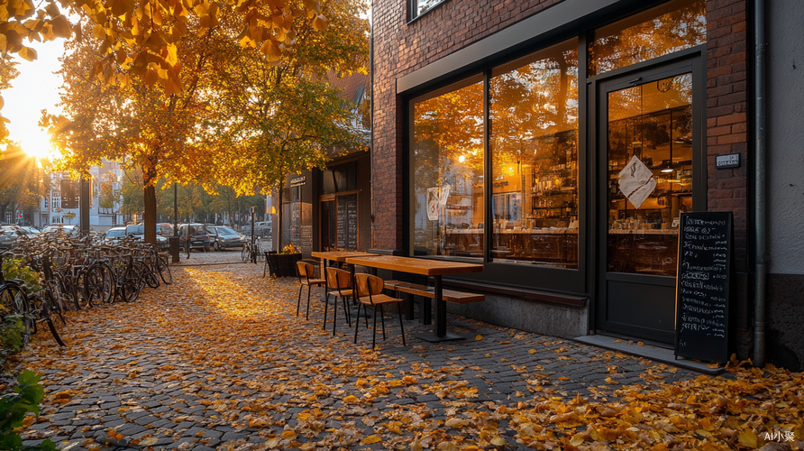 Autumn Leaves in Front of a Coffeeshop at Golden Hour