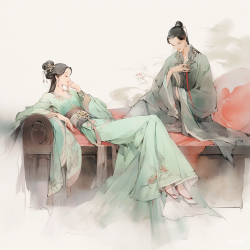 二次元插画，钢笔彩绘，（两个汉服男女，一个穿着古代浅红颜色中国服装，躺在软榻上，一个穿着嫩绿色中国服装，半跪着，参加聚会，谈笑风生，灵感来自邱英，美丽的人物画，古代中国艺术风格，传统美，灵感来自兰英，具有古代中国美学。