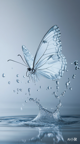 A high-speed camera captured side view of the moment a minimalist illustrated butterfly created from clear water, skimmed over the water, creating splashes