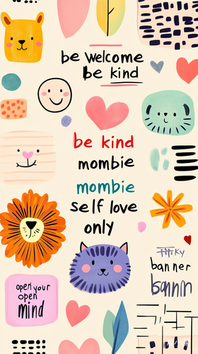 a wallpaper of a grid with pastel colors, retro style patterns and icons like "BEwelcome" , text saying " be kind", pink heart, green eyes, purple panther shape, yellow smiley face pattern, black zebra lines pattern, light blue lion head, small orange flower, big letters showing words " Mombie self love club". " good vibes only ", "AMORONStsky banner" written in large font. " open your mind". sticker style. no border around it