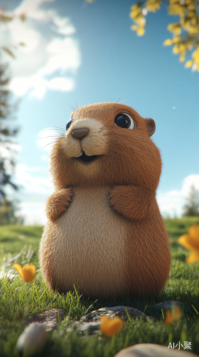 An adorable 3D felt-style cartoon groundhog stands on the grass looking up at the sky. Felt style, cartoon, cute, healing. Warm and bright colors. Form moderate white space. ar 9:16 personalize v8q9ey7 v 6.1