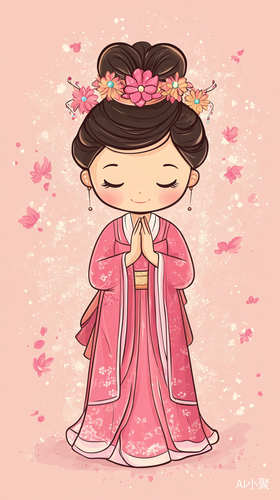 Ancient Chinese girl, wishing, praying to Buddha, clasping hands, illustration, clean background, vector drawing style cute