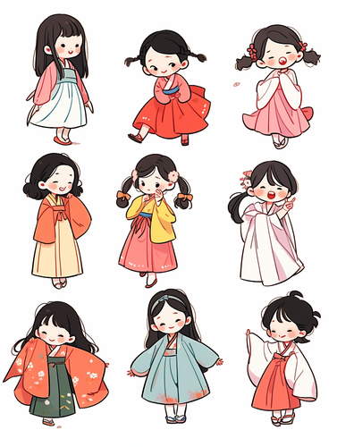 Nine cute little girl icons, Korean style, bold line drawings, cartoon characters, white background, simple lines, flat illustrations, simple colors, children's book illustration style, vector graphic style, high resolution., in clothes aspect 3:4 niji