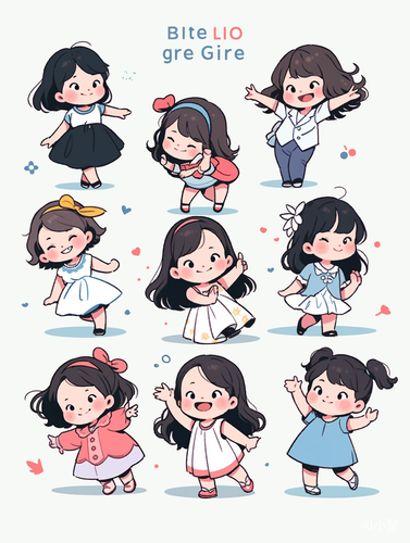 Nine cute little girl icons, Korean style, bold line drawings, cartoon characters, white background, simple lines, flat illustrations, simple colors, children's book illustration style, vector graphic style, high resolution., in clothes aspect 3:4 niji