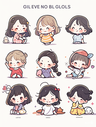 Nine cute little girl icons, Korean style, bold line drawings, cartoon characters, white background, simple lines, flat illustrations, simple colors, children's book illustration style, vector graphic style, high resolution., in clothes aspect 3:4 niji