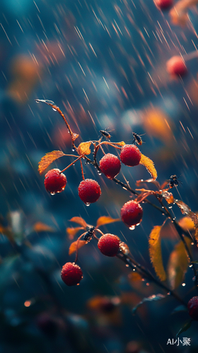 在秋夜的雨中，山中的野果悄然落下，发出轻微的声响，在灯光下，草间的虫子鸣叫着。这两种声音交织在一起，在寂静的夜里显得格外清晰，让人感受到一种与自然相融的空灵。没有了外界的纷扰，只有这雨、这果、这虫鸣，内心也变得格外宁静。意境，治愈，高清画质