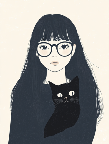 Blue lines.Minimal design, flat color, flat illustration, simple chibi, bold line,simple outfit,A very trendy girl with long hair with glasses with glasses and cat with words, Black and white style thick line, white background manga,minimalist, minimalism ::2no shadow::2 s 250 niji 5