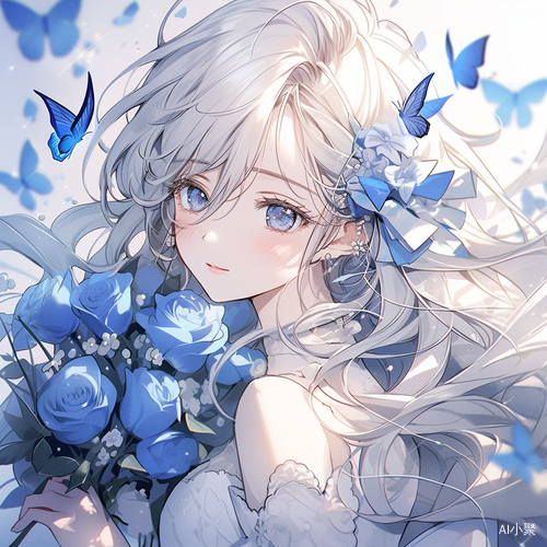 A girl in an anime is holding a blue rose, white eyes and white hair, surrounded by butterflies, in a dreamy comic style, with a blue background, her eyes are closed and she smiles gently, her face is close-up, her pale pink eyes are like gems and her white hair is crystal clear, with crystal details, beautiful woman, romantic, white brilliant lashes and eyeshadow, blue roses, butterflies. Soft colors, animation aesthetic inspiration, ethereal light, fantasy inspiration, drawing model NJ6.0(animation textur