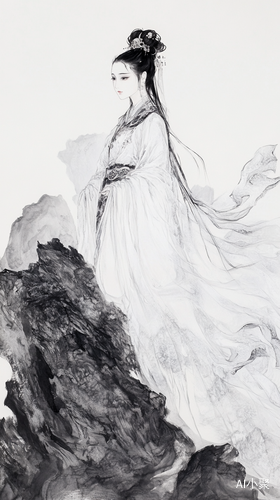 White-Robed Enchantress: A mysterious woman in flowing white garments, her eyes holding the wisdom of the ages, standing atop a mountain peak, with the wind gently billowing her clothes, embodying the spirit of the wandering swordswoman.[^1^]