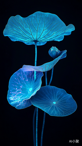 Blue lotus leaves, bioluminescent, glow-in-the-dark, black background, art installation, installation design, ethereal style, Chinese lotus, semi- petals, fluorescent flowers, cyberpunk, biopunk, futuristic technology, holographic projection, light painting, glowing plants, high-definition photography, minimalist stage design, X-ray film, fluorescent blue-green, surrealism.