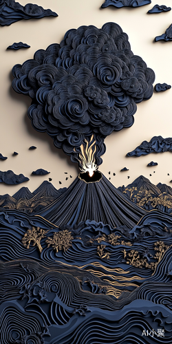 imagine prompt: Long-shot view of a black volcano erupting, spewing black smoke. In a multi-layered paper-cut style and paper-cut art style. Isometric art, monochrome, minimalist. ar 5:4 s 600 v 5 q 2