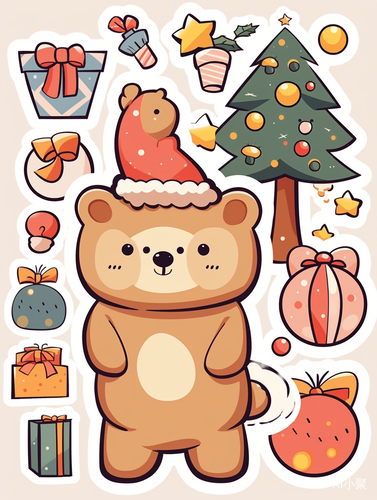 Stickers of a Christmas bear in a cute cartoon style, with various objects and characters. A full sheet of stickers on a white background, in a kawaii art style suitable for children's coloring pages. The design features clear, clean lines with no shading, high resolution, and high quality. There is no color fill, and the illustration is a vector-based sticker set against a pastel beige background. The stickers are die-cut andisolated without shadows. ar 3:4