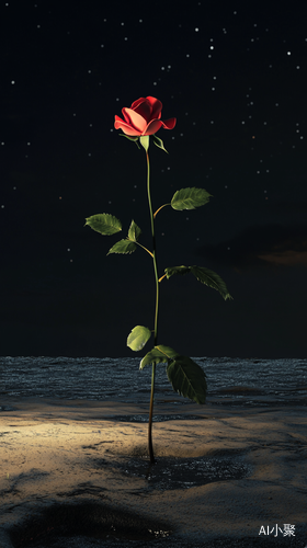 A rose flower is planted on the beach at night, the beach is black, perspective view. ar 9:16