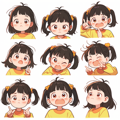 Nine cute little girl icons, Korean style, bold line drawings, cartoon characters, white background, simple lines, flat illustrations, simple colors, children's book illustration style, vector graphic style, high resolution., in clothes aspect 3:4 niji