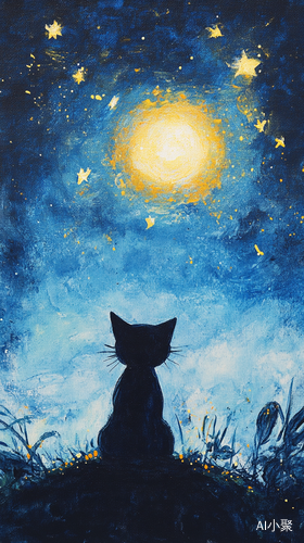 星空下的小猫儿童画