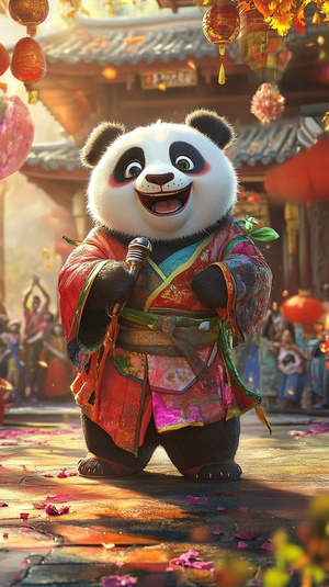 五彩斑斓舞台上的快乐熊猫展现个性魅力