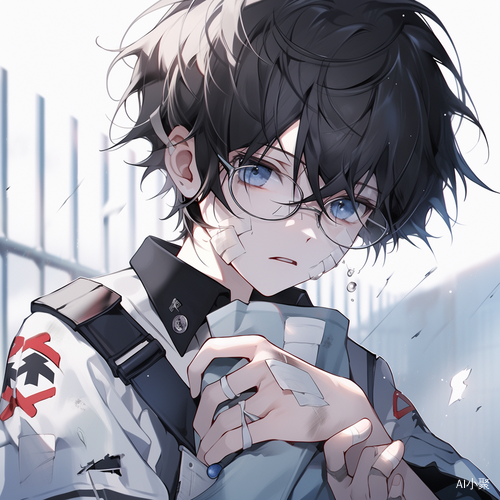 A Chinese beautiful teenager，A cute and pitiful boy，There is a band aid on the left index finger，His eyes were dull and lifeless，wry smile，lonely，Fragmentation sensation，The right eye lens has cracks，wear glasses，There is a small scar on the left side of the cheek，Blue and white school uniform，超精美，左手挑起头发，坐在沙发上，下雨天气，落地窗，台灯，夜晚