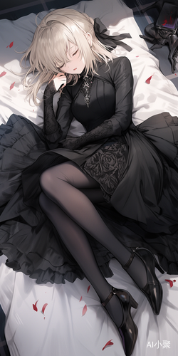 fate stay night里的saber alter。身穿黑色礼服，双腿黑色过膝袜，黑色高跟鞋，双手黑色长手套。侧躺在床上。