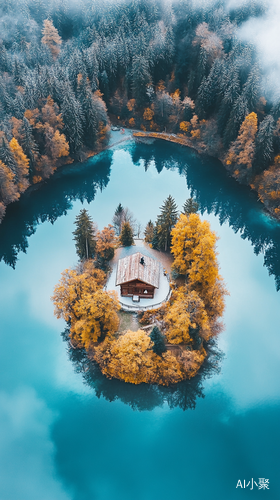 A breathtaking aerial view of a hidden mountain lake, its surface a perfect mirror reflecting the surrounding snow-capped peaks. A solitary wooden cabin perches on a tiny island at the lake's center, connected to the shore by a winding boardwalk. The autumn forest .