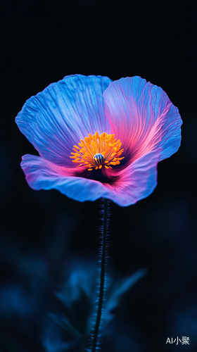 A poppy flower with a blue purple tone, highlighted in orange yellow, creating a dreamy scene with strong color contrast, surrealism, smooth and soft edges, neon light sensation, and minimalism ar 3:4 niji 6 s 800