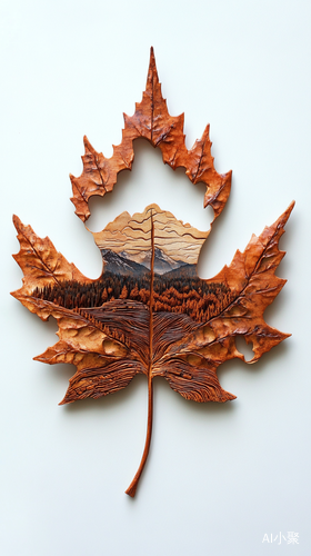 A maple leaf with intricate carvings of landscape, on white background, in the