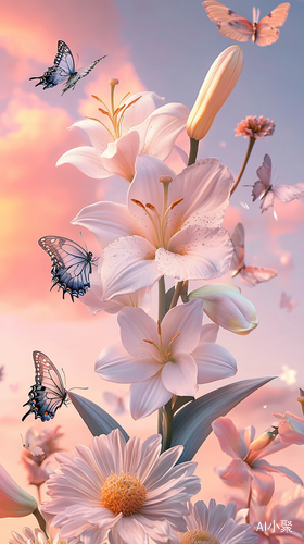 A photograph of an orchid, lily, and chrysanthemum in the style of David LaChapelle, with butterflies flying around and a pink sky background. The image is hyper-realistic and highly detailed.