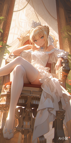 fate stay night里的saber。金发碧眼。身穿白色晚礼服，双腿白色过膝袜，白色高跟鞋，双手白色长手套。侧躺在王座上。武内崇画风。