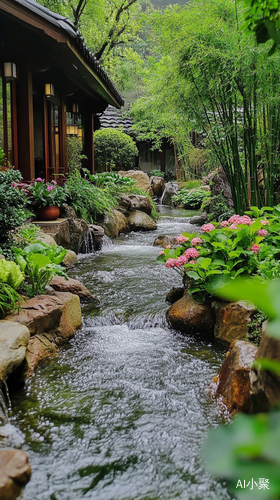 小河潺潺，绿意盎然的四合院子，屋前的院子里种了菜，花草，小河流淌，四周被翠绿的竹林环绕着，高清摄影，禅意风风格。宁静清幽