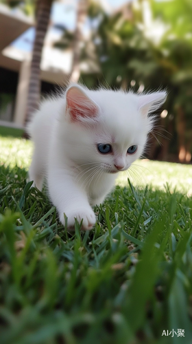 一只纯白色，蓝眼睛，超萌小猫咪，在草地上走