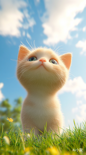 An adorable 3D felt-style cartoon cute chubby rounded face kitten stands on the grass looking up at the sky. Felt style, cartoon, cute, healing. Warm and bright colors. Form moderate white space. ar 9:16 personalize v8q9ey7 v 6.1