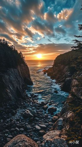 缅因州海岸悬崖上夕阳落山的照片，用iPhone相机拍摄，并上传到Instagram上。这张照片是从雨衣里拍摄的，展示了多岩石的海岸、树木、海浪、岩石、水面反射、天空、云朵、阳光和镜头光芒。现在是深秋，但周围仍然有一些绿意。在前景中，你可以看到某人穿着牛仔裤或裤子的一部分，风格像iPhone相机。 ar 1:1 cref cw 80 iw 2 v 6.1