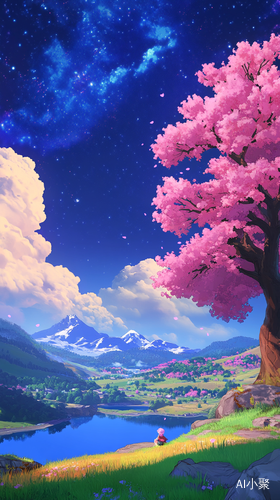 Beautiful anime-inspired landscape, with a pink tree on the right side of the picture, a fantasy sky filled with clouds and stars, a grassy field in the foreground, a lake at the bottom, and distant mountains in the background. A small character is sitting under a cherry blossom tree, looking up into the beautiful night sky. The colors are a vibrant mix of purple, blue, and orange. The artwork has a detailed, vibrant, and colorful fantasy art style, created through digital painting or watercolor techniques,