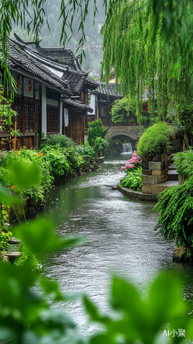 小河潺潺，绿意盎然的四合院子，屋前的院子里种了菜，花草，小河流淌，四周被翠绿的竹林环绕着，高清摄影，禅意风风格。宁静清幽