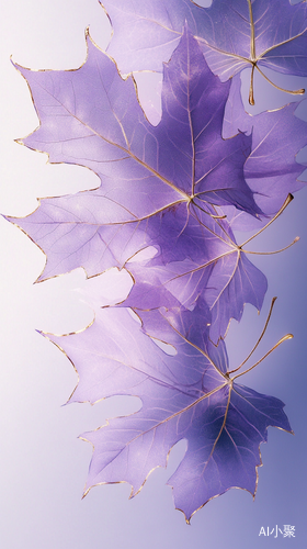 A cluster of semi-transparent purple maple leaves with elegant gold-trimmed edges, featuring subtle crack patterns on each leaf's surface. The gold edges highlight the intricate details of the leaves, adding a refined touch to the scene. The background is a gradient gray, transitioning smoothly to create a soft yet striking contrast with the vibrant purple leaves. The combination of the translucent leaves, gold trim, and gradient gray mist is captured in a photography style, emphasizing intricate detail